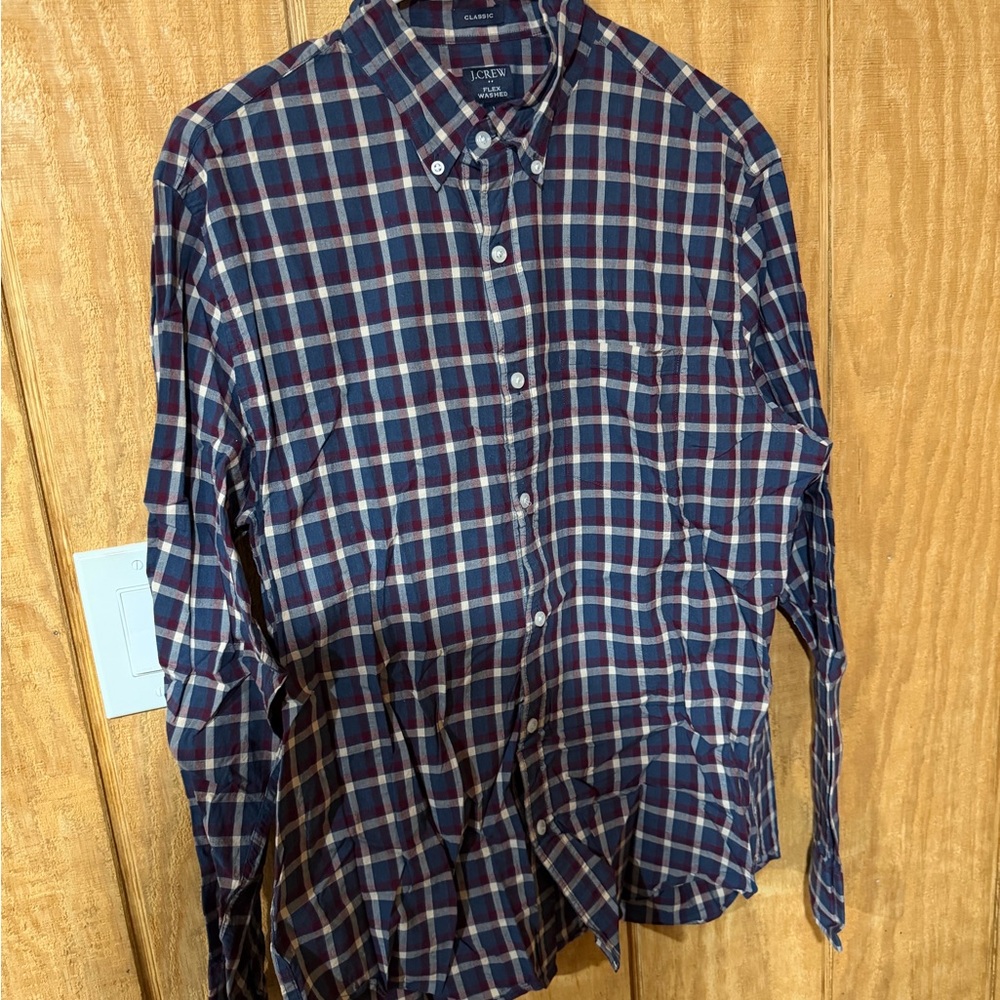 J. Crew Men's Navy and Red Checkered Shirt